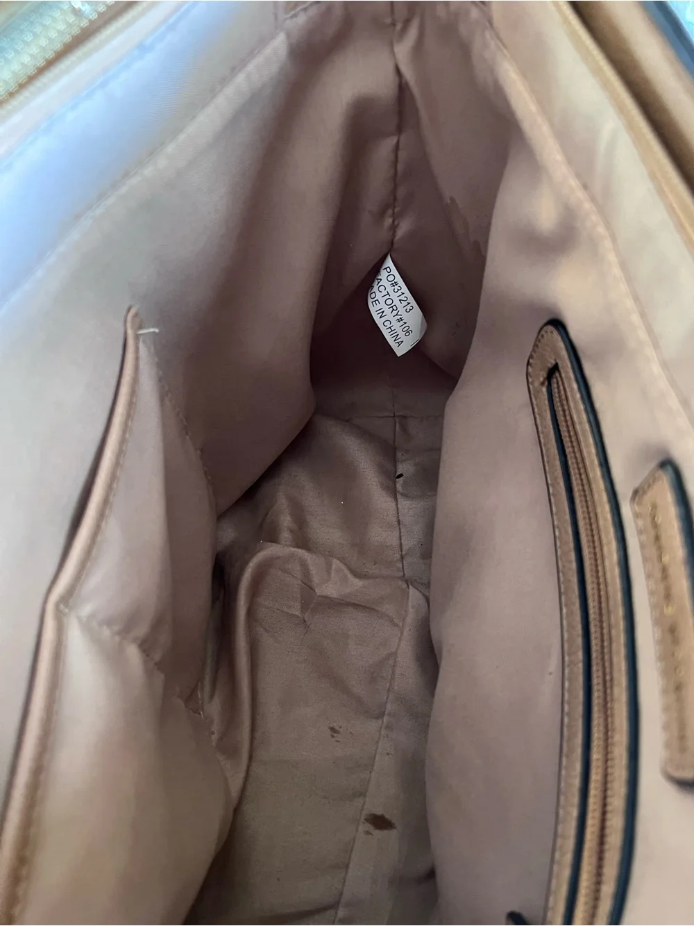 Adrienne Vittadini Taupe and Cream Shoulder Tote with Pom Charm Tan Work Bag